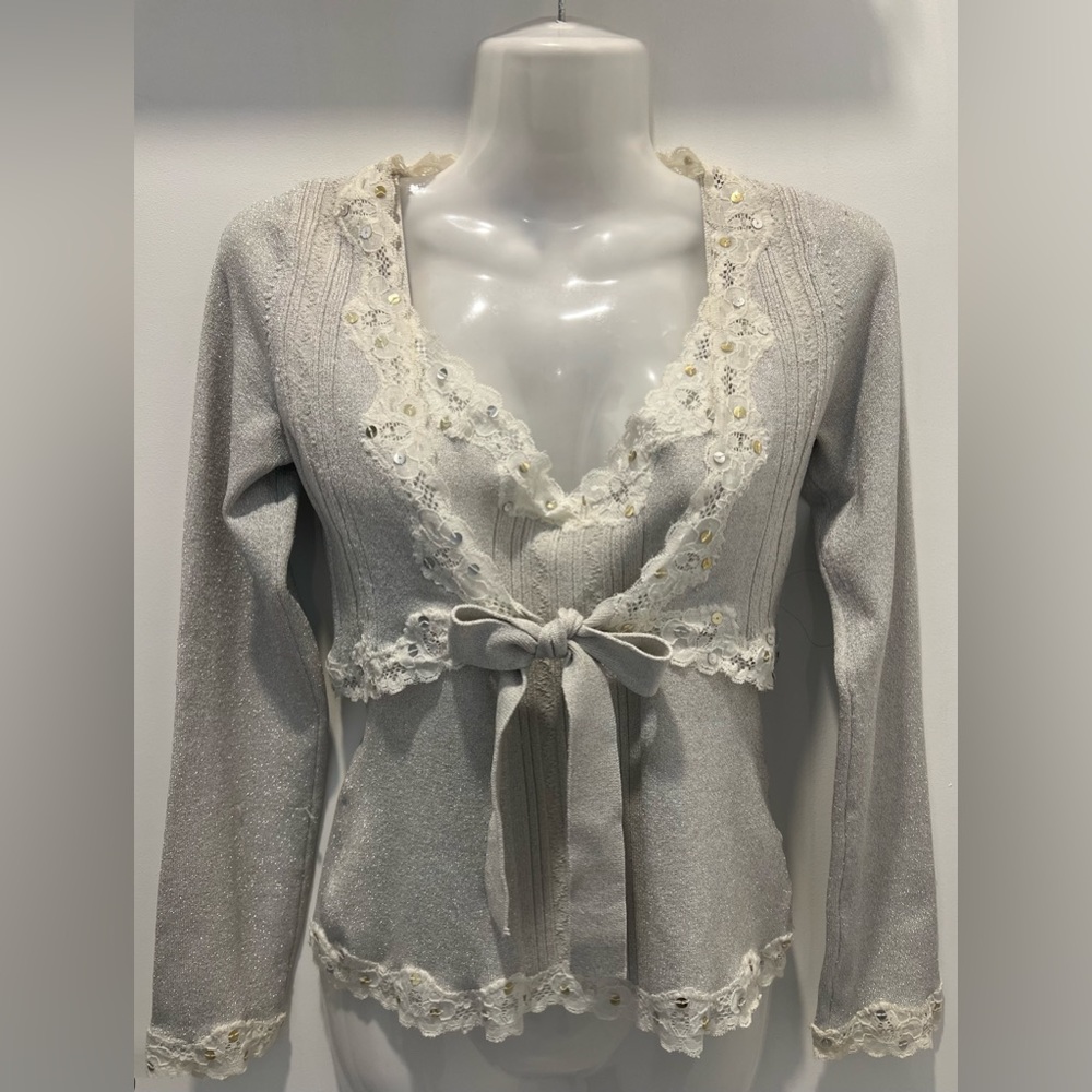Vintage Y2K Bebe Women’s Grey Shimmer Camisole & Cardigan Set